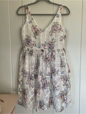 White Lattice Floral Rose V Neck Fit & Flare Dress